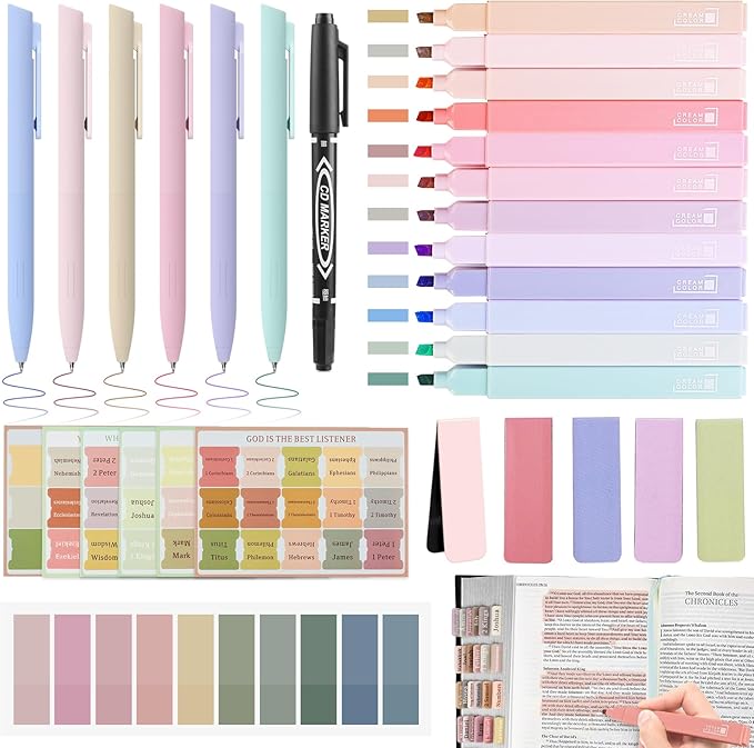 31Pcs Bible Journaling Kit, 12 Bible Highlighters, 6 Smooth Writing Pens, 90 Laminated Bible Tabs, Magnetic Bookmarks, Sticky Notes, Bible Study Supplies, Bible Study Kit for Women