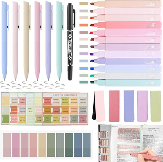 31Pcs Bible Journaling Kit, 12 Bible Highlighters, 6 Smooth Writing Pens, 90 Laminated Bible Tabs, Magnetic Bookmarks, Sticky Notes, Bible Study Supplies, Bible Study Kit for Women