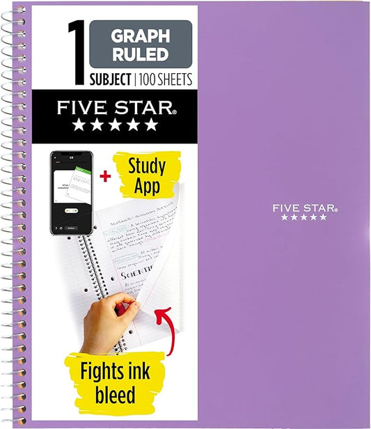 Five Star Spiral Notebook + Study App, 1 Subject, Graph Ruled Paper, 8-1/2" x 11", 100 Sheets, Fights Ink Bleed, Water Resistant Cover, Amethyst Purple (620000CF1)