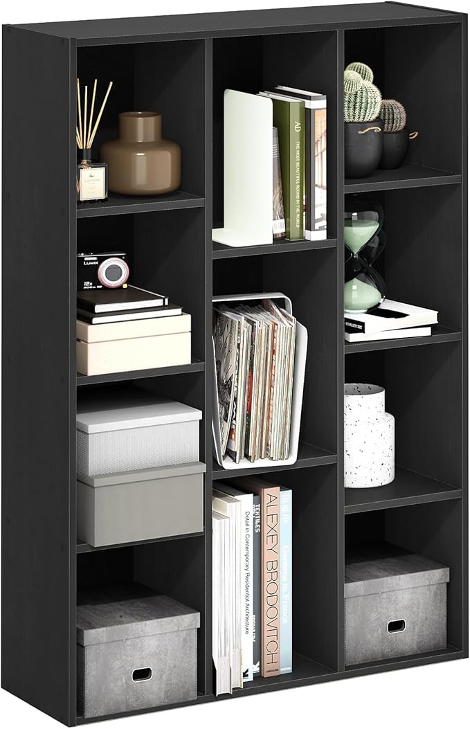 Furinno LUDER Book Shelf, 11-Cube Bookshelf, Reversible Bookcase, 9.4 x 29.1 x 41.7, for Living Room, Bedroom, Home Office, Blackwood