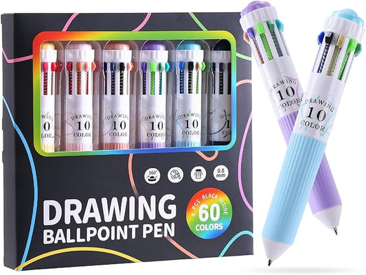 60 Colors Multicolor Pen in one, 6Pcs 10-in-1 Retractable Colored Ballpoint Pens for Office, Back to School Supplies