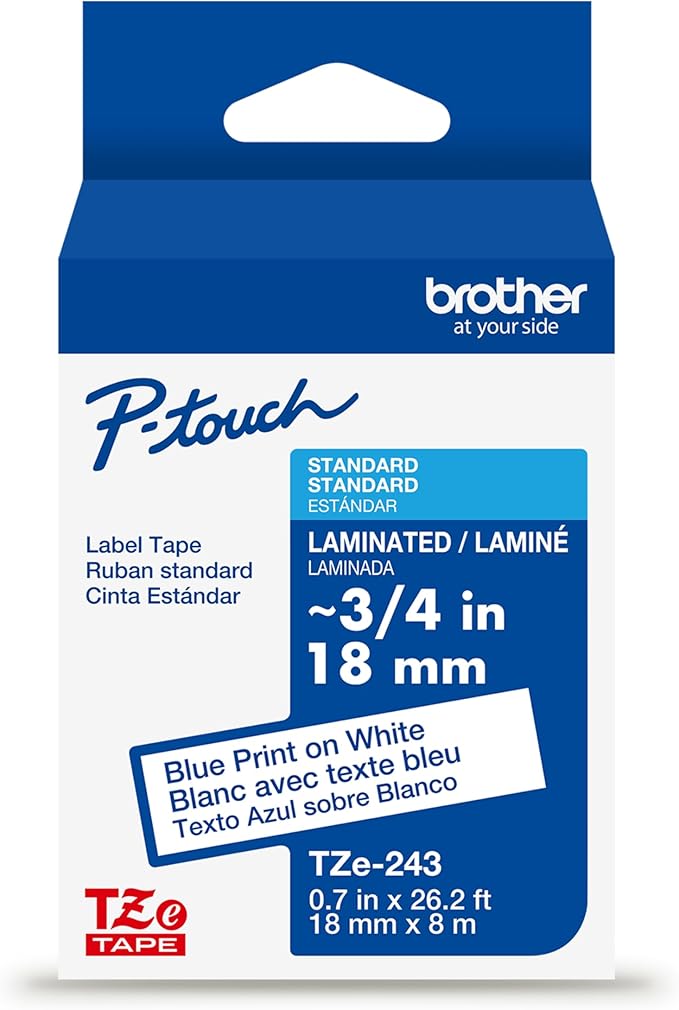 Brother Genuine P-Touch TZe Blue Print on White Label Tape (TZe243), Laminated, ~3/4in x 26.2ft (18mm x 8m), for Select P-Touch Label Makers, Durable, Water-Resistant, Indoor/Outdoor Use