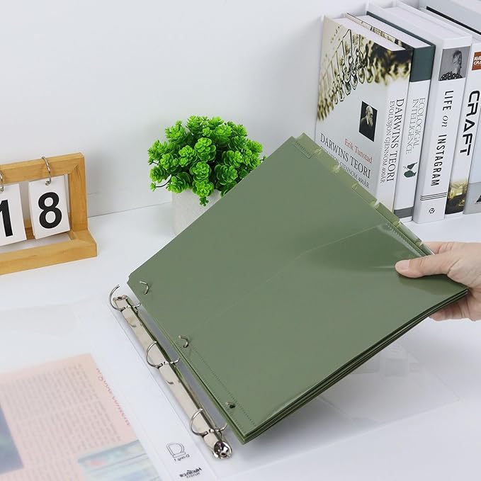 Koqye Binder Dividers with Pockets - 8 Plastic Dividers for 3 Ring Binders - A4 Bividers with Tabs for Planners (Dark Green - 1 Pack)