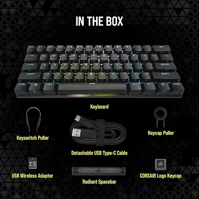 Corsair K70 PRO Mini Wireless 60% (CH-9189014-NA) Mechanical Cherry MX Speed Switch Keyboard with RGB Backlighting - Black (Renewed)