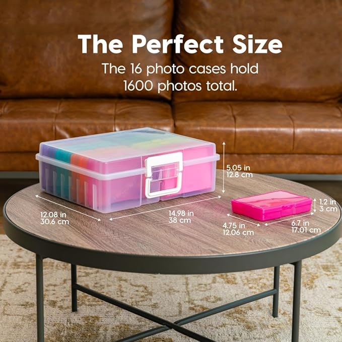 IRIS USA 4" x 6" Photo Storage Box Craft Keeper, 2-Pack, Transparent Handle Container with 16 Organization Holder Cases for Pictures, Tasks, Ephemera, Scrapbooking, Stationery, Multi-Color/Clear