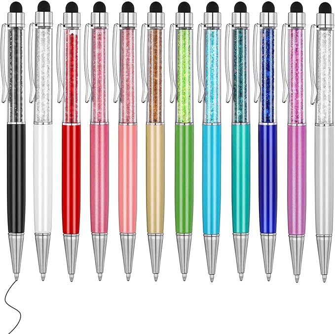 MengRan Cute Pens with Stylus Tip, 2 in 1 Black Ink Ballpoint Pens and Slim Crystal Stylus Pens for Touch Screens(12 colors)