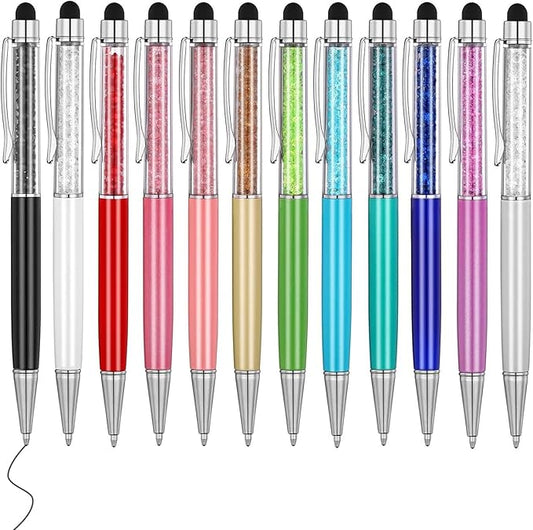MengRan Cute Pens with Stylus Tip, 2 in 1 Black Ink Ballpoint Pens and Slim Crystal Stylus Pens for Touch Screens(12 colors)