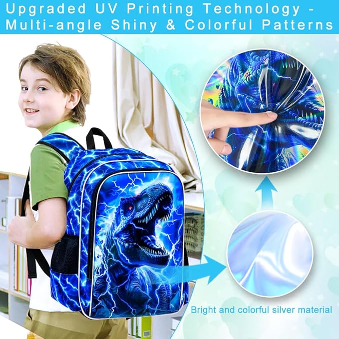 KLFVB 3PCS Boys Backpack Set, 17" Dinosaur Bookbag and Lunch Box, Water Resistant Teenagers School Backpacks for Middle Elementary - Lightning T-Rex