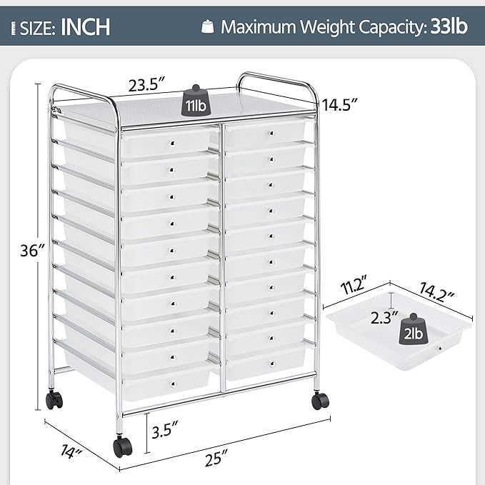 Yaheetech 20 Drawers Rolling Storage Cart Multipurpose Movable Organizer Cart Tools Scrapbook Paper Organizer on Wheels, White