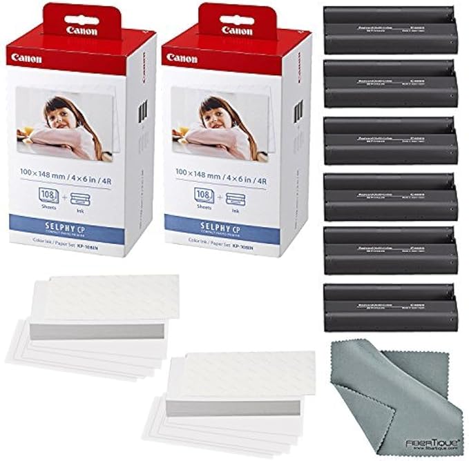 Canon KP-108IN Color Ink 108 Sheet 4x6 Paper Set (2-Pack) Bundle with Microfiber Cleaning Cloth (3 Items)