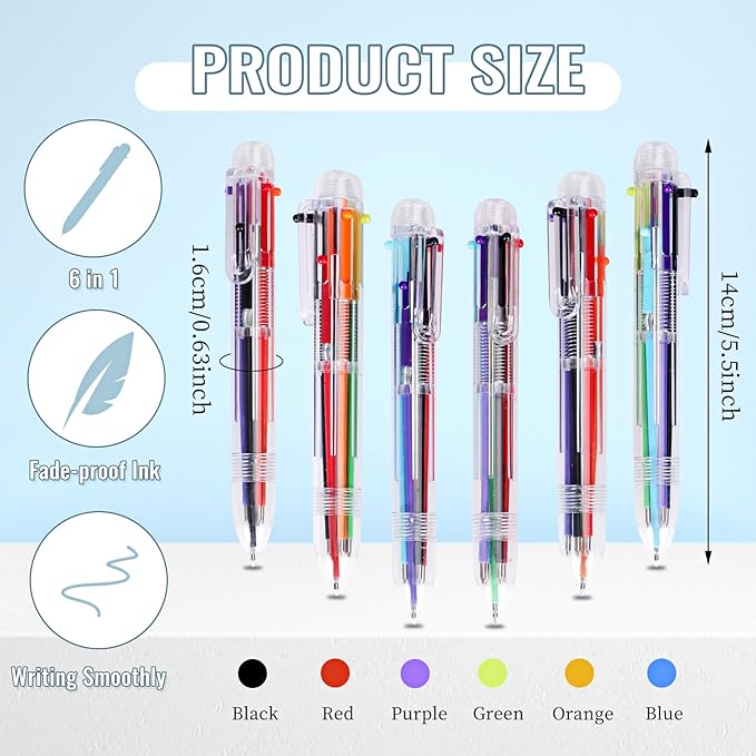 JPSOR 48 Pack Multicolor Pen for Kids 6-in-1, Transparent Barrel Pen 6-Color 0.5mm Retractable Ballpoint Pens for Office School Supplies Students Gift