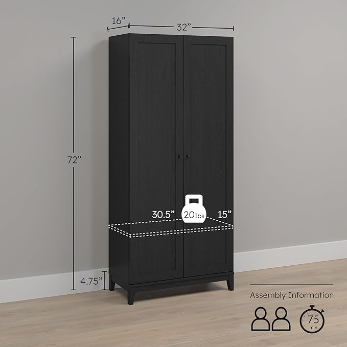 Prepac Yaletown 72" Tall Storage Cabinet with Wood Legs, Pantry Cabinet with 3 Adjustable Shelves, Bathroom, Kitchen and Home Organization in Black Oak, 16" D x 32" W x 72" H