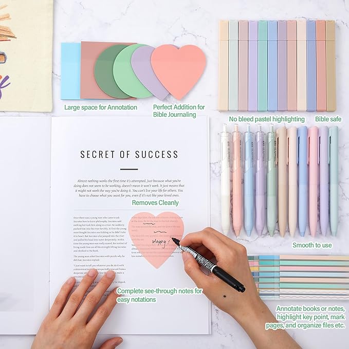 Book Annotation Kit, Aesthetic Bible Study Journaling Kit, 2640 Pcs Sticky Tabs, 300 Sticky Notes, 11 Gel Ink Pen, 12 Highlighter Marker, Pencil Case Pouch for Book Lover(Mixed)