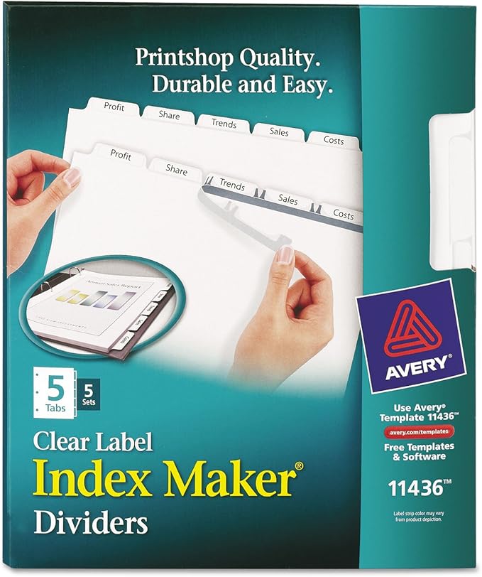 Print and Apply Index Maker Clear Label Dividers, 5-Tab, White Tabs, 11 x 8.5, White, 5 Sets