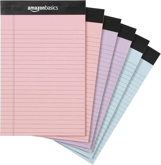 Amazon Basics Narrow Ruled 5-Inch by 8-Inch Lined Writing Note Pads,(50 Sheet Pads),Multicolor,6 Count (Pack of 12)