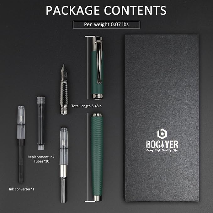 Luxury Fountain Pen Set,Ink Pen for Smooth Writing,Medium Nib,Includes 10 Ink Cartridges&Ink Converter,Best Pen Gift Case for Men & Women,fancy,calligraphy,Executive,Office pen-Green