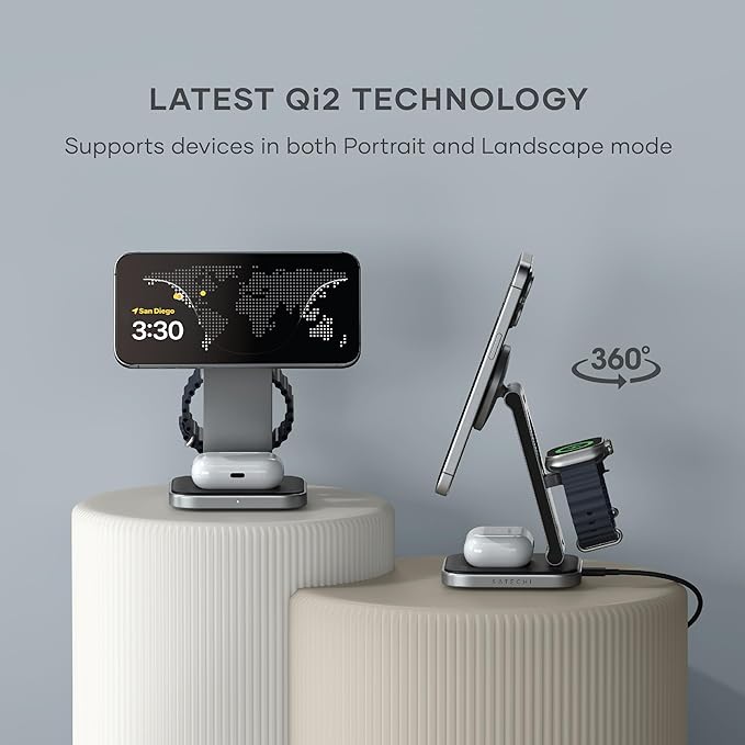 Satechi 3 in 1 Wireless Charging Station for Apple, MagSafe, Qi2 Certified, 15W Magnetic, Foldable Travel Charger Station for iPhone 17 to 12 Series, AirPods Pro/4/3, Apple Watch Series/Ultra/SE