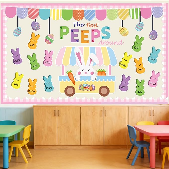 Easter Bulletin Board Decorations, 76pcs Spring Easter Classroom Decorations Set, Easter Eggs Bunny Cutouts Easter Bulletin Board, Peeps Decorations School Classroom Home Office Spring Easter Decor