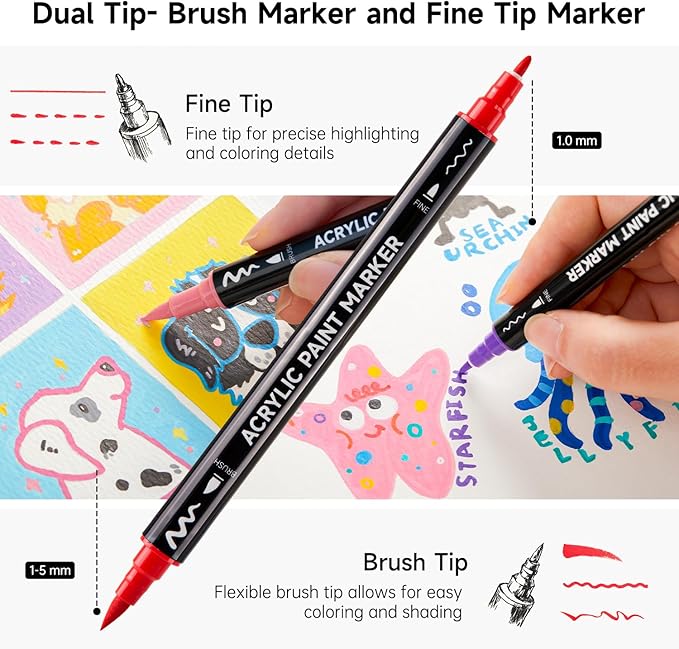 Shuttle Art 80 Colors Dual Tip Acrylic Paint Markers, Brush Tip and Fine Tip Acrylic Paint Pens for Rock, Ceramic, Wood, Canvas, Plastic, Glass, Stone, Calligraphy, Card Making, Crafts & Nail Art