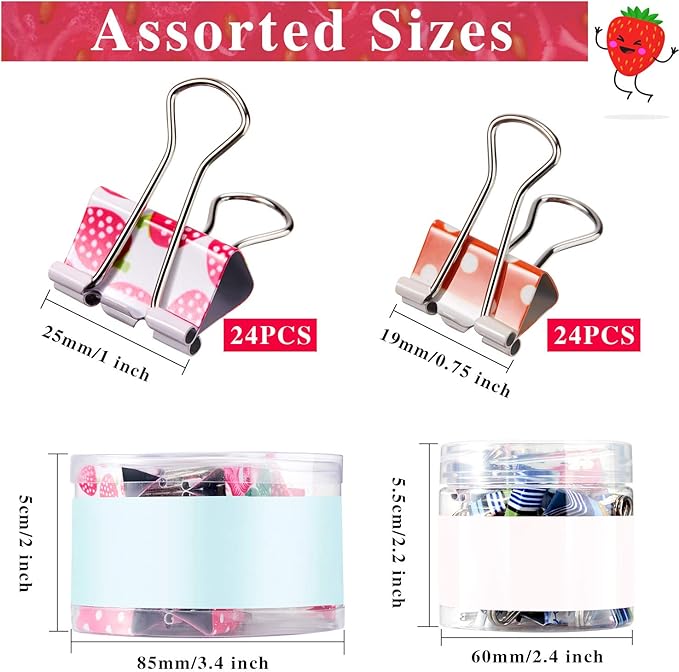 Outus 48 Pcs Cute Binder Clips with Box 2 Sizes Floral Office Clips Supplies Assorted Designs Colorful Printing Small Mini Decorative Binder for Paper Notebooks Office Home 0.75 Inch 1 Inch