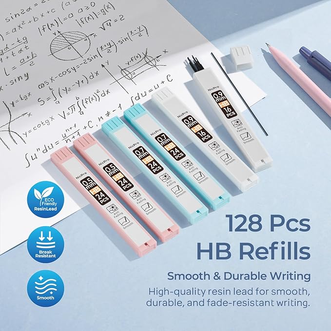 Nicpro 6PCS Pastel Mechanical Pencil Set with Case, Cute Drafting Pencils 0.5 mm & 0.7 mm & 0.9 mm with 6 Tubes HB Lead Refills, Erasers, Eraser Refills, Aesthetic School Supplies for Girls Writing