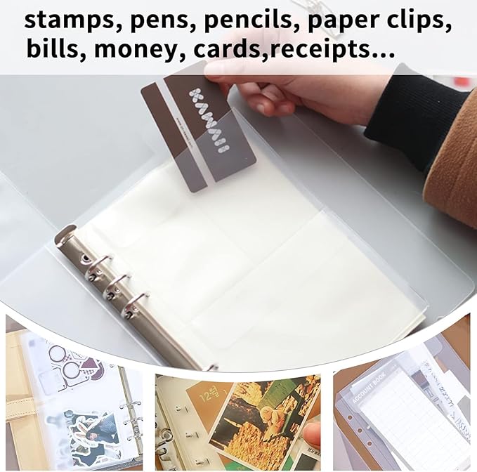 Binder Pockets, 16pcs A5 Size 6 Holes Binder Pockets, [Waterproof PVC Pouch] Premium Clear Binder Zipper Folders Document Filing Bags for 6-Ring Notebook Binder Loose Leaf Bags, Clear