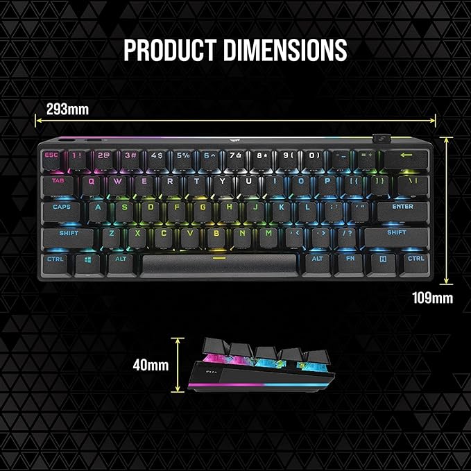 Corsair K70 PRO Mini Wireless 60% (CH-9189014-NA) Mechanical Cherry MX Speed Switch Keyboard with RGB Backlighting - Black (Renewed)