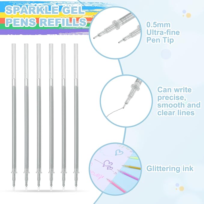 PATIKIL 0.5mm Gel Pens Refills, 24 Pack Glitter Gel Pens Sparkle Metallic Ink Fine Point Colored Refill Set for Adults Coloring Books Journaling Scrapbooking Art Drawing, Silver