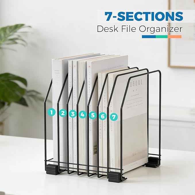 File Organizer for Desk, 7-Section Vertical File Sorter, Paper Holder Organizer Standing Metal File Folder for Office Home Classroom, Black