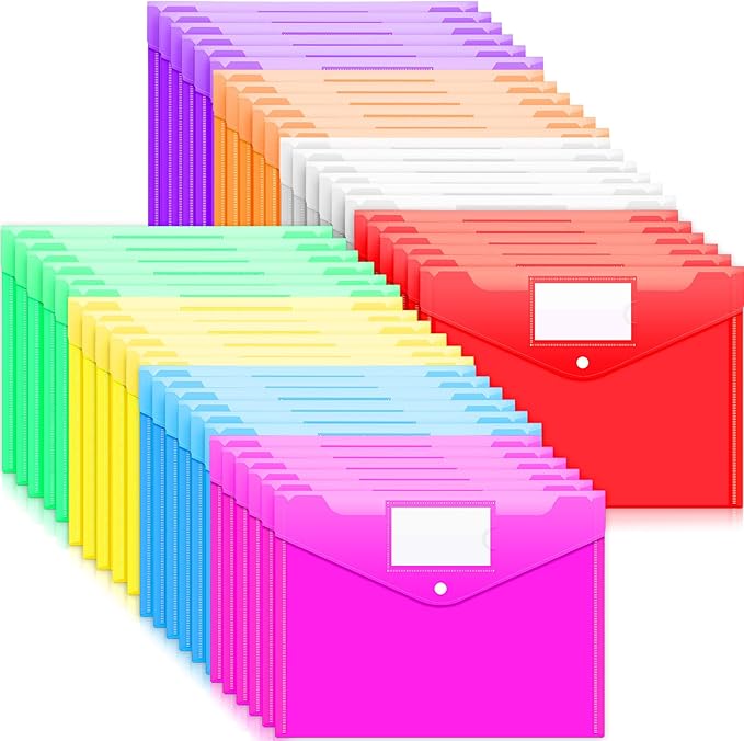 Sooez 48 Pack Folders Plastic Envelopes, Clear Plastic File Folder for Document, Letter A4 Size Poly File Envelopes with Label Pocket, Snap Button for Home Work Office Organizer, 8 Assorted Colors