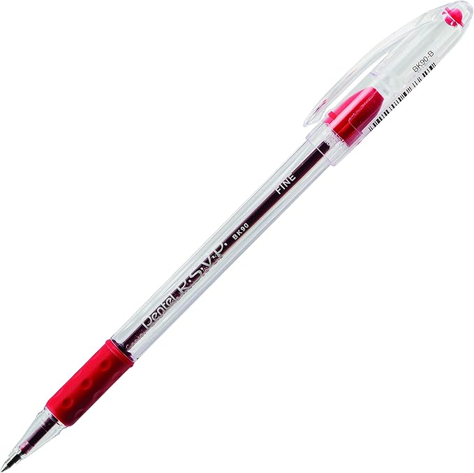 Pentel R.S.V.P. Ballpoint Pen, (0.7mm) Fine Tip, Red Ink, Box of 12 (BK90-B)