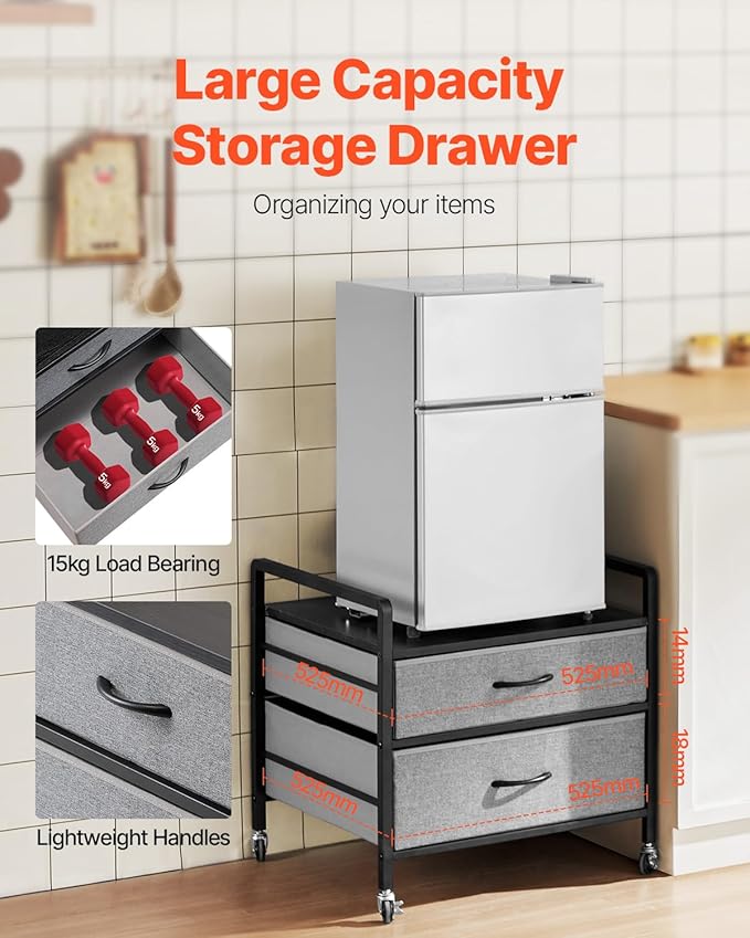 VEVOR Mini Fridge Stand with Storage, 176 lb-Capacity Mini Fridge Table with 2 Drawers & 4 Swivel Wheels, Mobile Mini Fridge Shelf, Gray Mini Fridge Organizer for Dorm, Apartment, Office, Bedroom