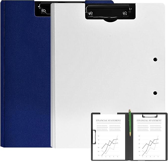2 Pack Foldable Clipboards, A4 Office Clipboard Folder with Double Metal Clips, 360 Degree Foldable Binder Clipboard with Pen Holder, File Cover Work Folder Clipboards, White Blue