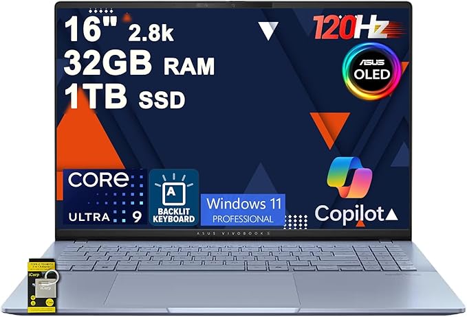 ASUS Vivobook S16 AI PC Laptop 16" 2.8k OLED 120Hz (600nits HDR, 100% DCI-P3) Intel 16-core Ultra 9 285H 32GB DDR5 1TB SSD Backlit For Creator Business Professional Work Win11Pro ICP Hub w/Copilot+ AI