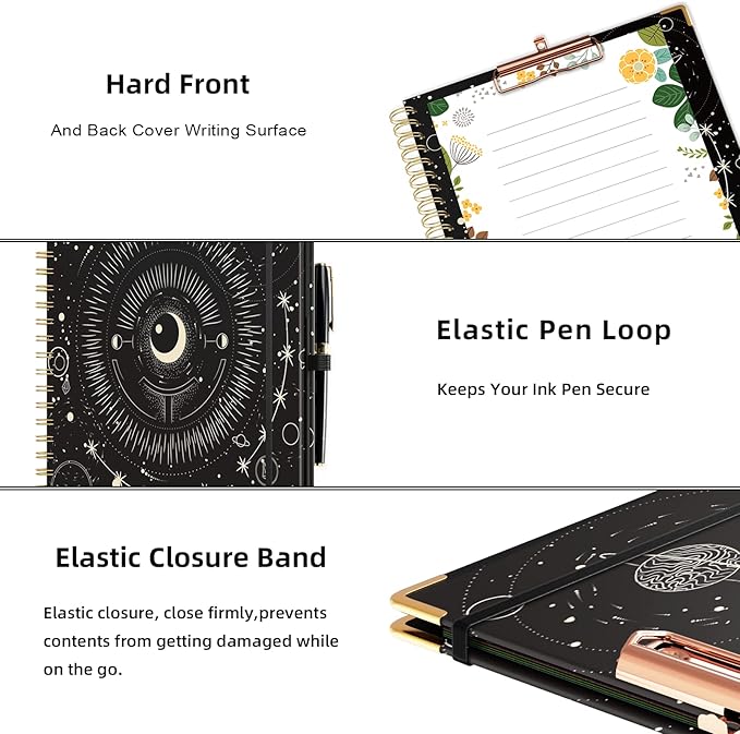 Ospelelf Clipboard with Storage 8.5 X 11，Padfolio Organizer, Spiral Portfolio Letter Size with Notepad, Pen Holder, 5 Extra Folder Divider Pages, Elastic Closure Nurse Office Essentials (Black Tarot)