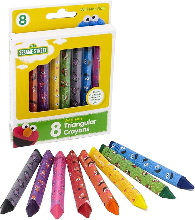 Sesame Street 8 Count Washable Triangular Crayons for Toddlers and Kids, Will Not Roll, Assorted Colors, Great for Classrooms