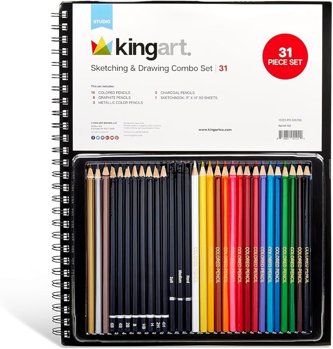 KINGART Drawing & Sketching ART PENCIL SET with Sketch Pad, 31 Pc. Graphite, Charcoal & Colored Pencils, All Skill Levels including Beginner, 31 Pc.