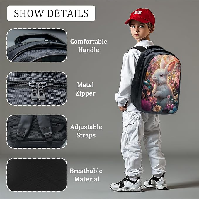 Rabbit Flower Backpack Set 3 Piece School Bags and Lunch Box with Pencil Case Rabbit Floral Animal Bookbag Set For Toddler Kids Girls Boys Teens Kindergarten Elementary Middle