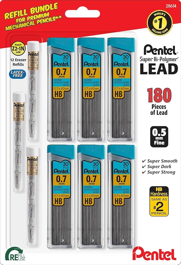 Pentel Super Hi-Polymer HB 7mm Lead Refill Pack - 6 Packs of 30 Leads & 3 Packs of 4 Latex-Free White Erasers - Mechanical Pencil Refills