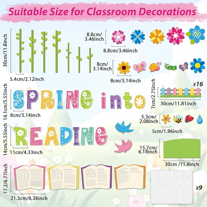 gisgfim Spring Reading Bulletin Board Decorations Set Classroom Spring Into Reading Bulletin Board Butterflies Flowers Cutouts Bulletin Board Borders Decor for School Library Chalkboard Wall(Spring)