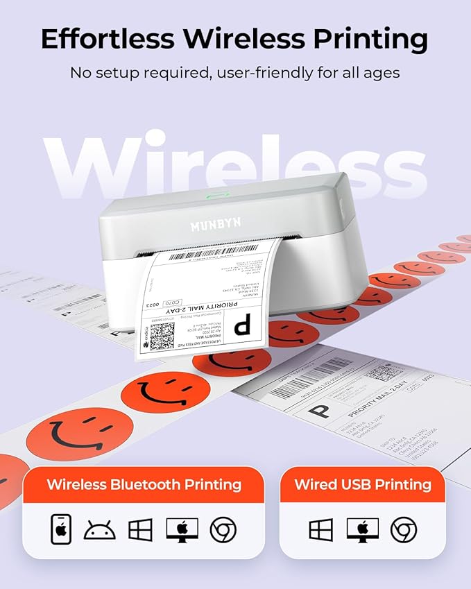 MUNBYN RW403B Bluetooth Shipping Label Printer+Thermal Direct Shipping Label (Pack of 500 4x6 Per Roll Labels)+Label Holder for Rolls and Fanfold Labels+IPS03 440lb for Postal Scale