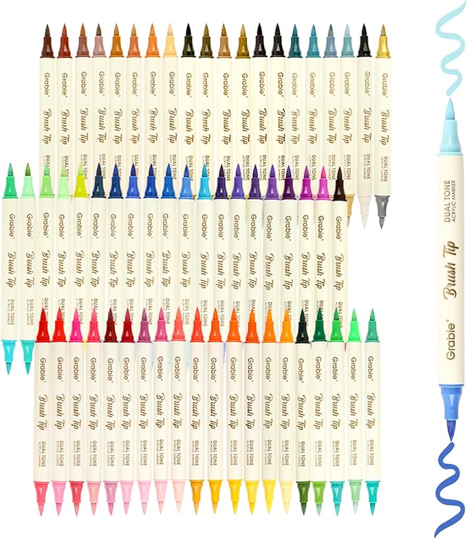 Grabie 120 Colors Dual Tone Brush Tip Acrylic Markers, Dual-Color Paint Markers with 60 Brush Tips, Double Tipped Acrylic Paint Pens for Fabric, Canvas,DIY, Canvas Art Supplies, Set of 60
