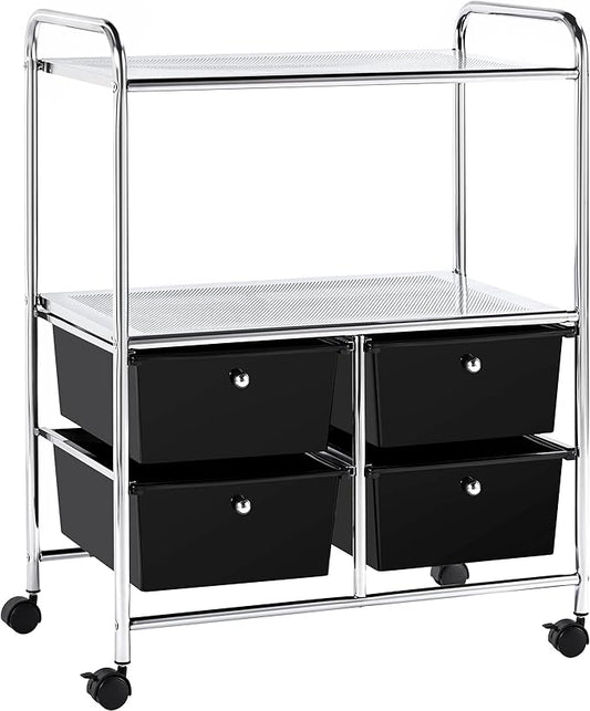 Yaheetech Rolling Storage Cart with 4 Drawers 2 Shelves Plastic Trolley on Wheels for Home Office School Beauty Salon, Black