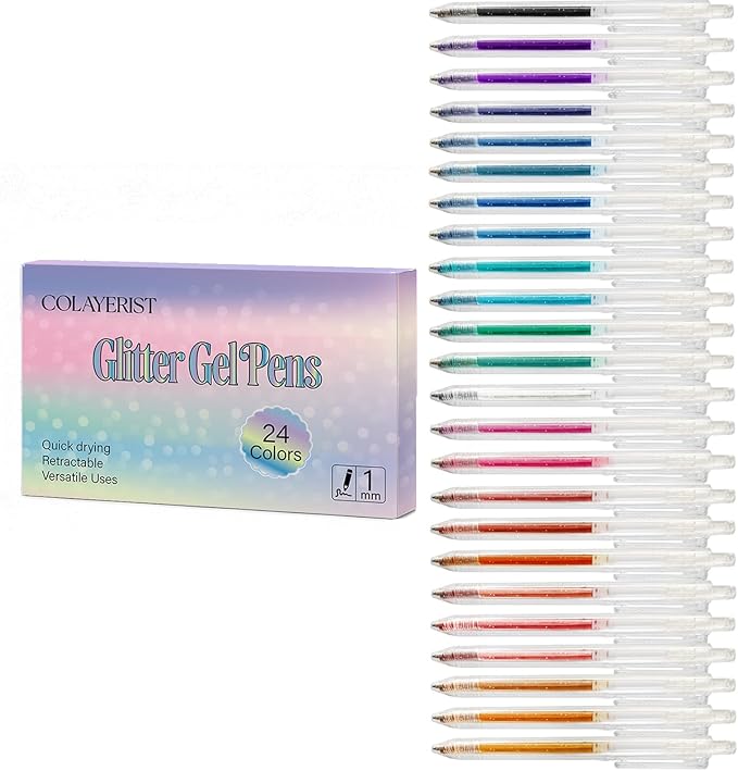 Glitter Gel Pens Retractable, 24 Colors Glitter Pens Set for Coloring, Journaling, Graffiti, Painting, DIY Greeting Cards, and Highlighting Key Notes - Smooth & Non-Toxic