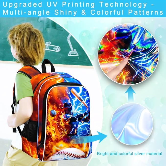 gxtvo 3PCS Boys Baseball Backpack, 17" Kids Bookbag with Lunch Box, Water Resistant Middle Elementary School Bag - Fire & Lightning Baseball Player