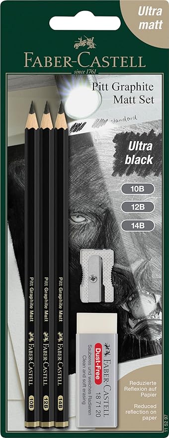 Faber-Castell 3 Count Pitt Graphite Matte Tin - 10B, 12B, 14B - Matte Black Graphite Pencils
