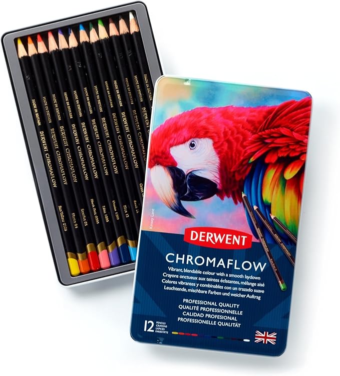 Derwent Chromaflow Colored Pencils Tin, Set of 12, Great for Holiday Gifts, 4mm Wide Core, Multicolor, Smooth Texture, Art Supplies for Drawing, Blending, Sketching, Professional Quality (2305856)