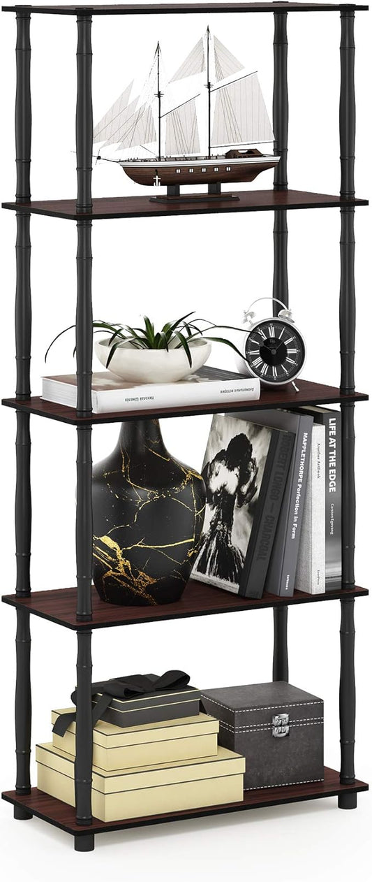 Furinno TURN-S-TUBE Storage Shelves, 5-Tier Book Shelf, Corner Shelf, Toolless Open Shelves, Classic Tubes, for Organization and Storage, Living Room, Garage, Home Office, Dark Cherry
