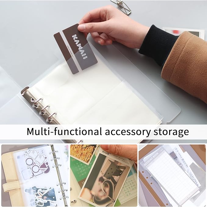 Binder Pockets, 12pcs A5 Size 6 Holes Binder Pockets, [Waterproof PVC Pouch] Premium Clear Binder Zipper Folders Document Filing Bags for 6-Ring Notebook Binder Loose Leaf Bags,-Clear