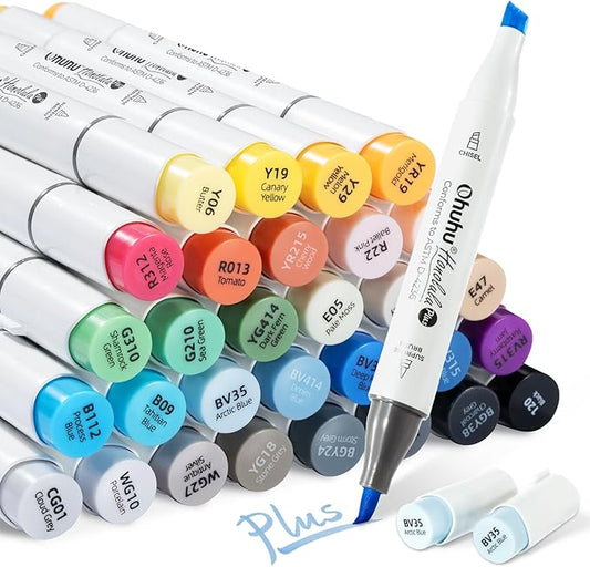 Ohuhu Brush Markers 36-color: Supreme Brush& Chisel Dual Tips Alcohol-based Art Marker Set for Artist Adult Coloring Book Illustrations-Honolulu Plus- Refillable